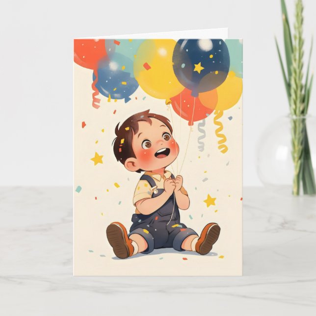 Anime Boy Lycklig Colorful Balloons Helgkort (Framsida)