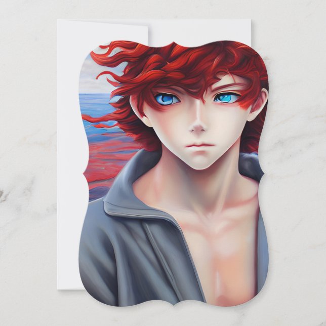 Anime Boy med Red Curly Hair Oljemålning Anteckningskort (Framsida)
