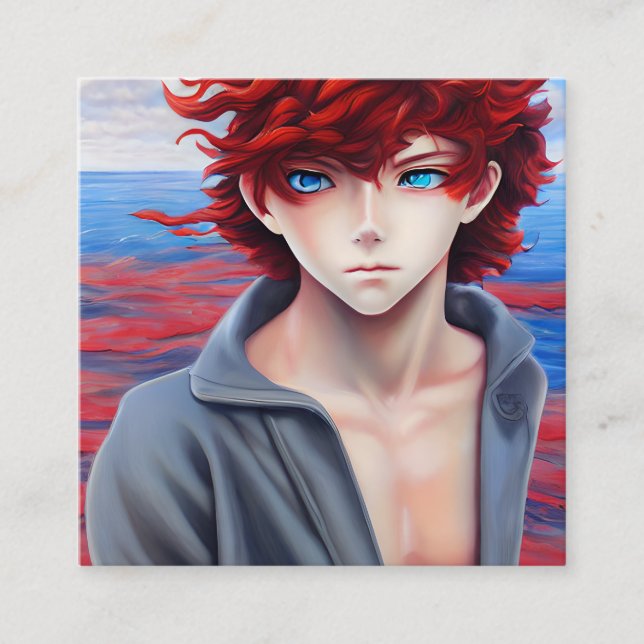 Anime Boy med Red Curly Hair Oljemålning Fyrkantigt Visitkort (Framsida)