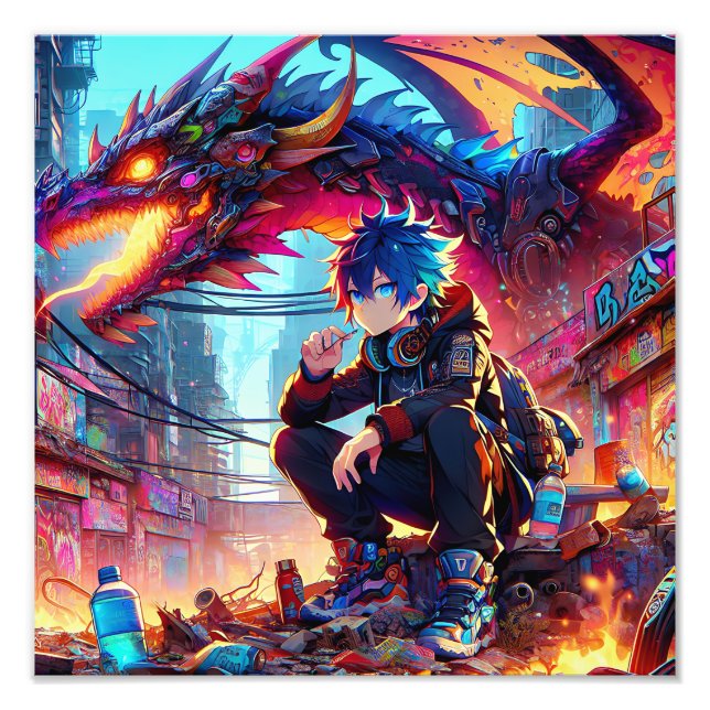 Anime Boy och Dragon i en dystopisk värld Fototryck (Framsidan)