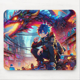 Anime Boy och Dragon i en dystopisk värld Musmatta