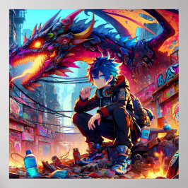 Anime Boy och Dragon i en dystopisk värld Poster
