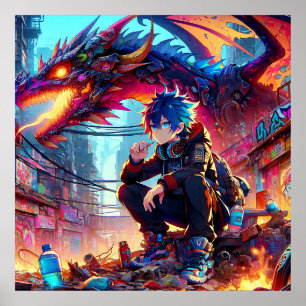 Anime Boy och Dragon i en dystopisk värld Poster