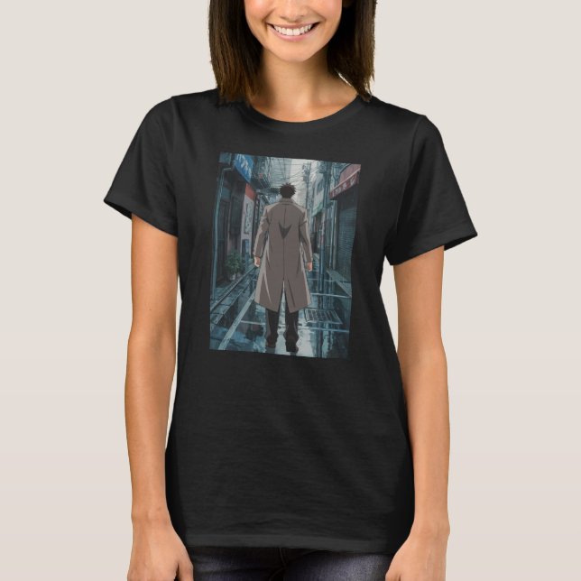 Anime Boy Rainy Tokyo Street Manga Japanese Art T Shirt (Framsida)