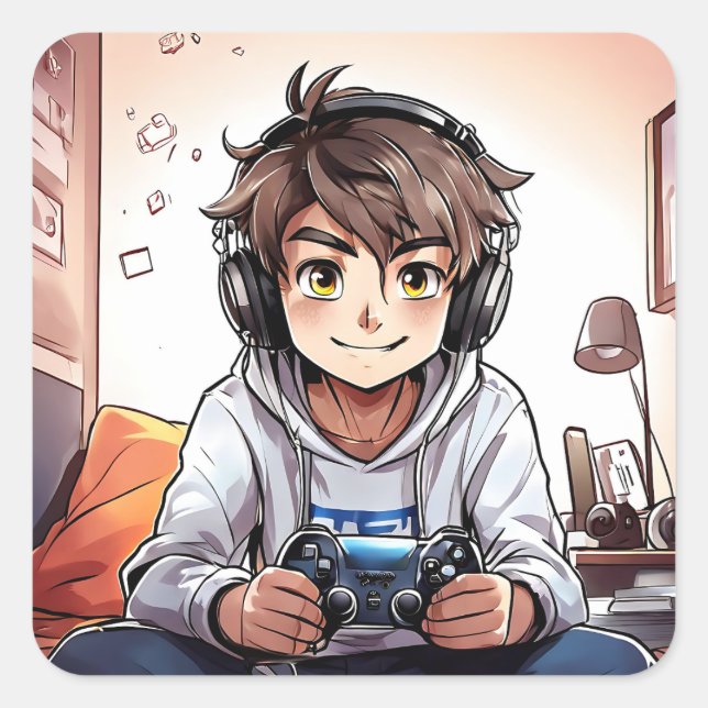 Anime Boy spelar videospel Fyrkantigt Klistermärke (Framsida)