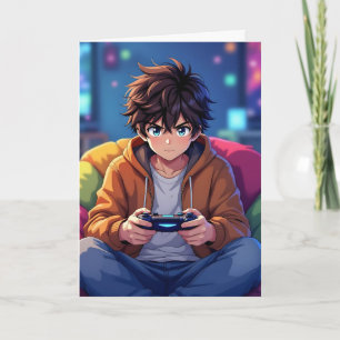 Anime Boy spelar videospel Personligen Birthday Kort