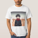 Anime Boy Standing in Desert Landscape – Anime Adv T Shirt<br><div class="desc">An anime-style illustration of a determined young boy standing in the middle of a vast desert landscape. The scene features sandy dunes, a distant cactus, and a clear sky, creating a dramatic and adventurous atmosphere. The character wears a dark jacket with a red scarf, giving the image a strong anime...</div>