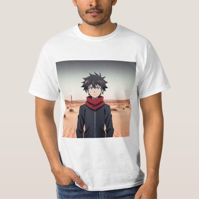 Anime Boy Standing in Desert Landscape – Anime Adv T Shirt (Framsida)
