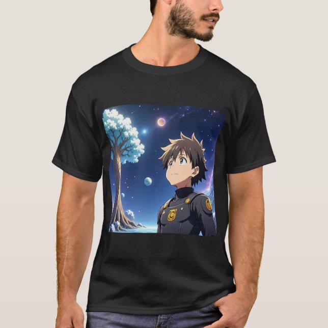 Anime Boy Under Starry Sky with Planets – Fantasy  T Shirt (Framsida)