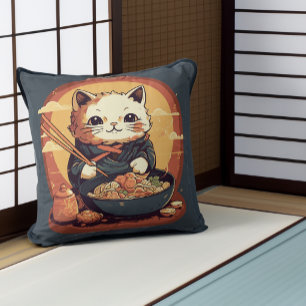 Anime Cat Eating Ramen Cute Japanska Stil Kudde