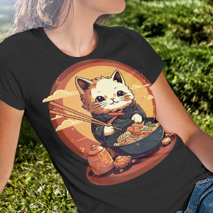 Anime Cat Eating Ramen Cute Japanska Stil T Shirt