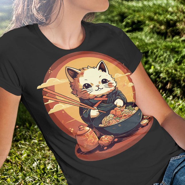 Anime Cat Eating Ramen Cute Japanska Stil T Shirt (Skapare uppladdad)