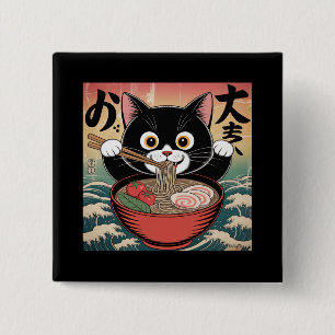 Anime Cat Eating Ramen Funny Japansk Retro Stil Knapp