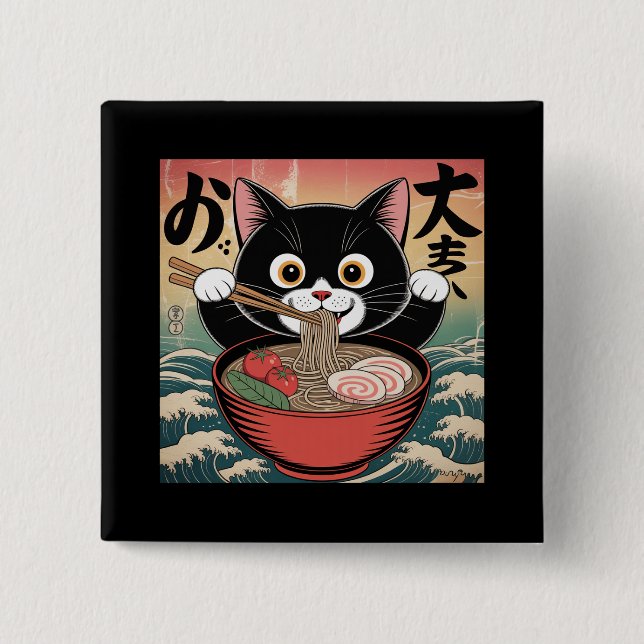 Anime Cat Eating Ramen Funny Japansk Retro Stil Knapp (Framsida)