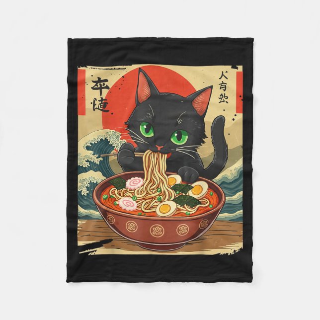 Anime Cat Eating Ramen Japanese Art Graphic Cat Cu Fleecefilt (Framsidan)