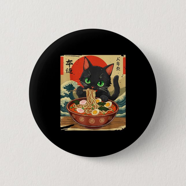 Anime Cat Eating Ramen Japanese Art Graphic Cat Cu Knapp (Framsida)