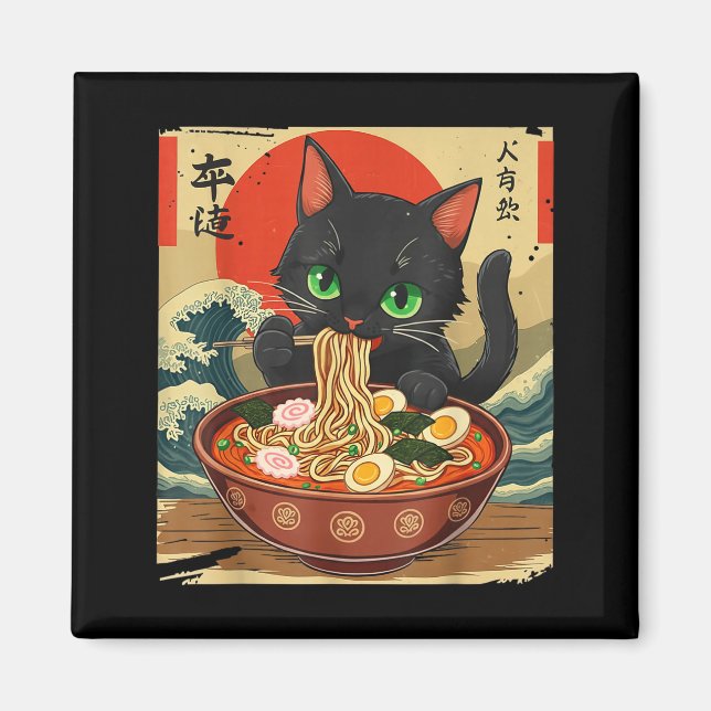 Anime Cat Eating Ramen Japanese Art Graphic Cat Cu Magnet (Framsidan)