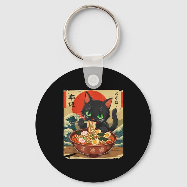 Anime Cat Eating Ramen Japanese Art Graphic Cat Cu Nyckelring (Framsida)