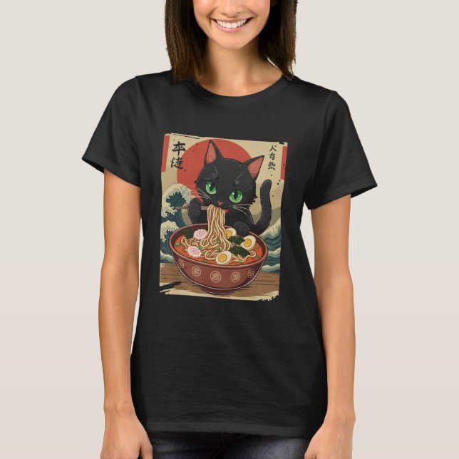 Anime Cat Eating Ramen Japanese Art Graphic Cat Cu T Shirt (Framsida)