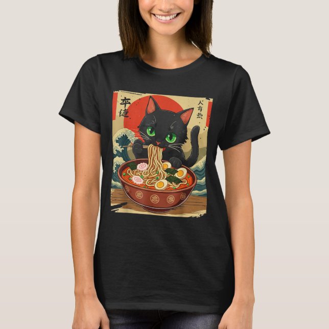 Anime Cat Eating Ramen Japanese Art Graphic Cat Cu T Shirt (Framsida)