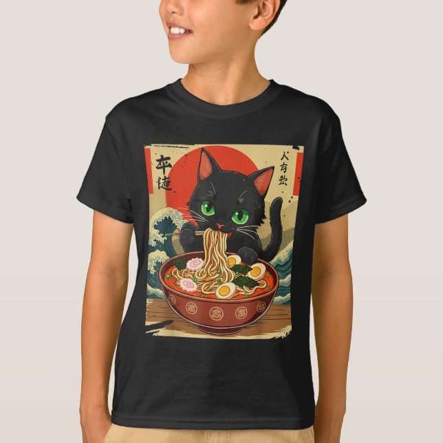 Anime Cat Eating Ramen Japanese Art Graphic Cat Cu T Shirt (Framsida)
