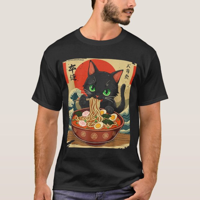 Anime Cat Eating Ramen Japanese Art Graphic Cat Cu T Shirt (Framsida)