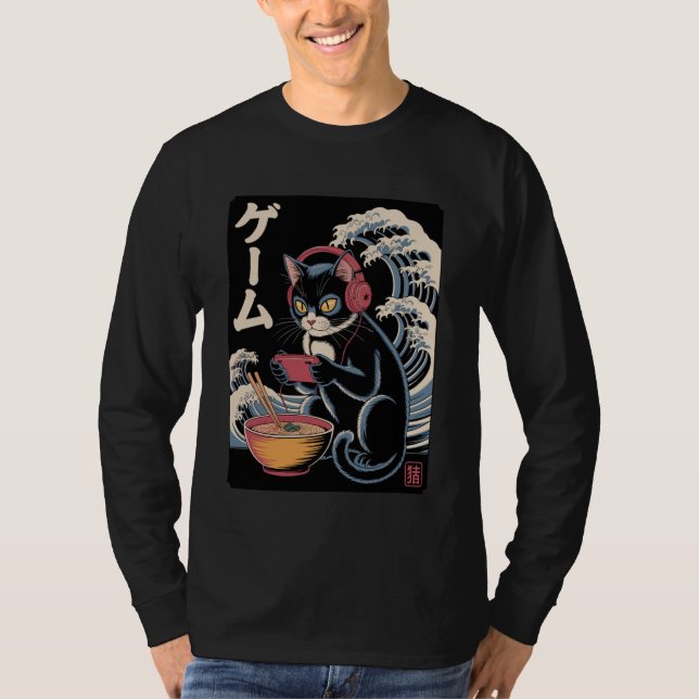 Anime Cat Eating Ramen Japanese Wave Kawaii Neko K T Shirt (Framsida)