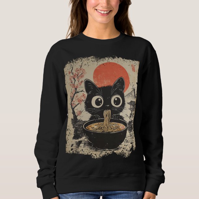Anime Cat Eating Ramen Japansk Stil Anime Älskare T Shirt (Framsida)