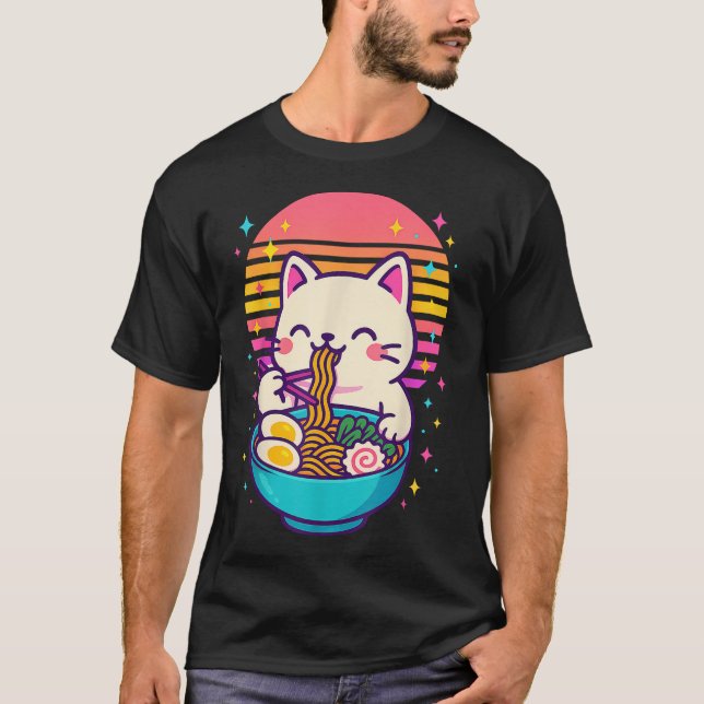 Anime Cat Eating Ramen Japanska T Shirt (Framsida)