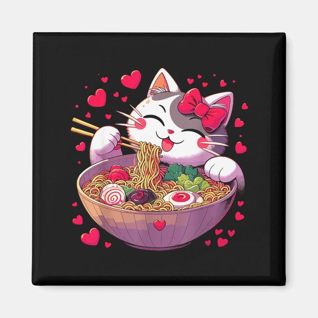 Anime Cat Eating Ramen Noodles With Hearts Valenti Magnet (Framsidan)