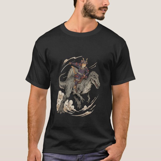 Anime Cat Funny Samurai Cat Riding Dinosaur Spinos T Shirt (Framsida)