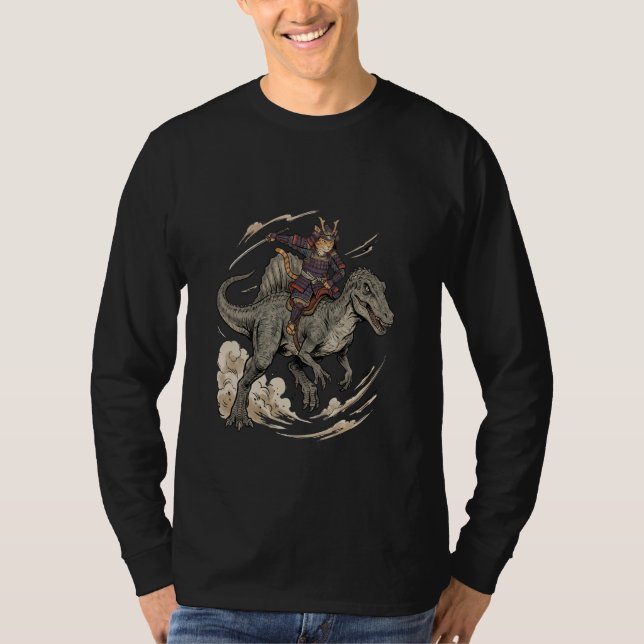 Anime Cat Funny Samurai Cat Riding Dinosaur Spinos T Shirt (Framsida)