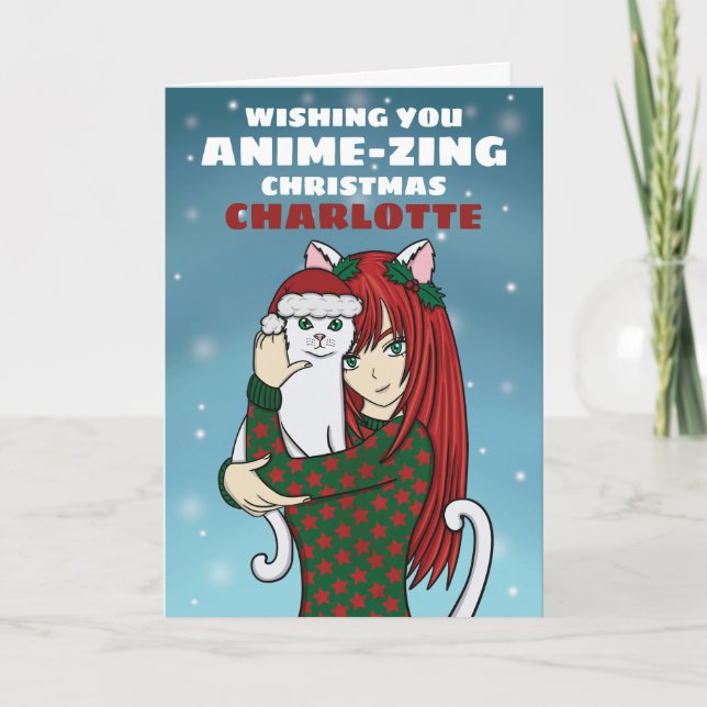 Anime Cat Girl-julkort, Helgdag Card Helgkort (Framsida)