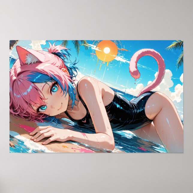 Anime Cat Girl Summer Beach Roligt Poster (Framsidan)
