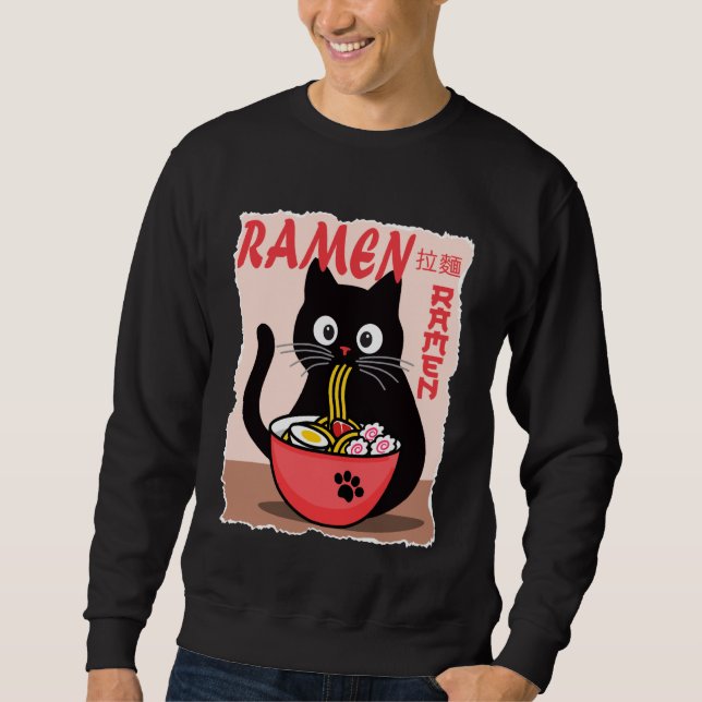 Anime Cat Ramen Instant Noodles Funny Japanese Cat Lång Ärmad Tröja (Framsida)