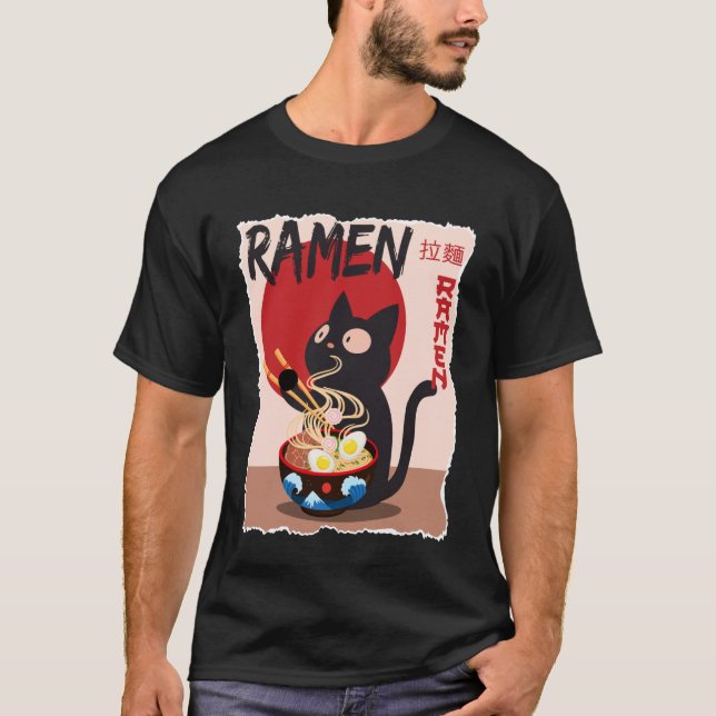 Anime Cat Ramen Instant Noodles Funny Japanese Cat T Shirt (Framsida)