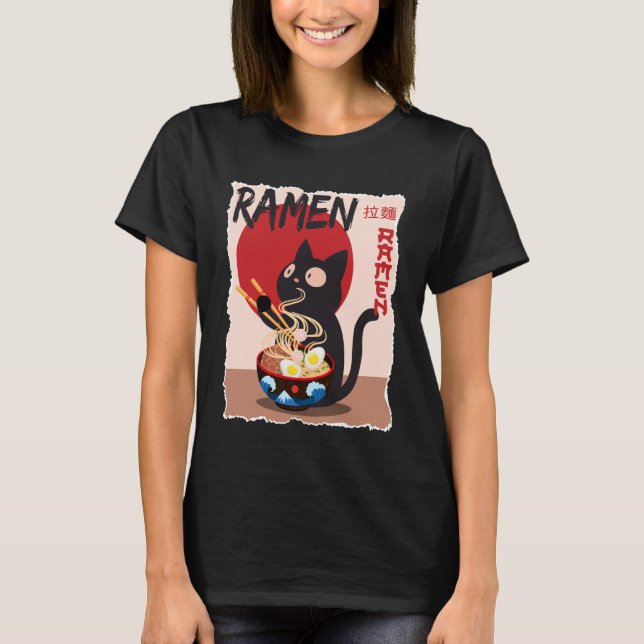 Anime Cat Ramen Instant Noodles Funny Japanese Cat T Shirt (Framsida)