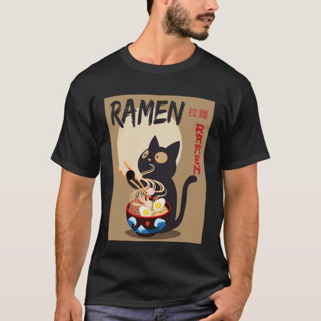 Anime Cat Ramen Instant Noodles Funny Japanese Cat T Shirt (Framsida)