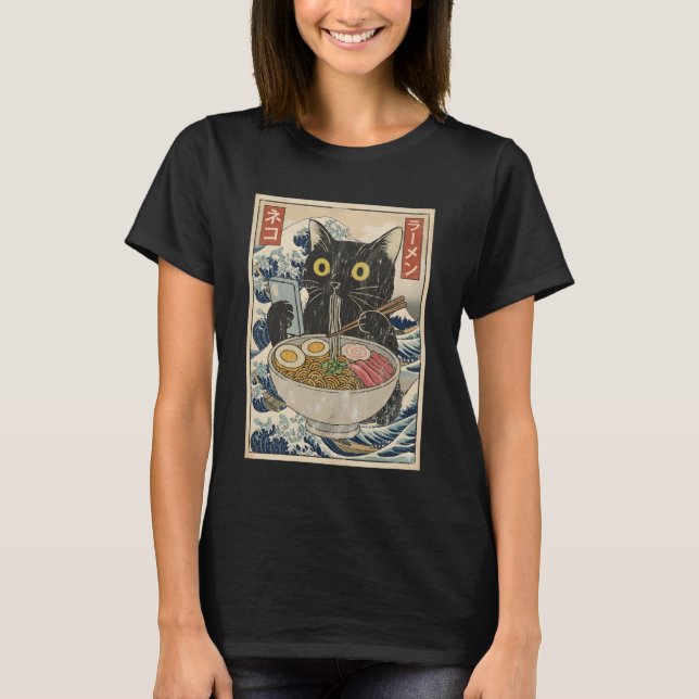 Anime Cat Ramen Japanese Funny Cat Phone Tees Anim T Shirt (Framsida)