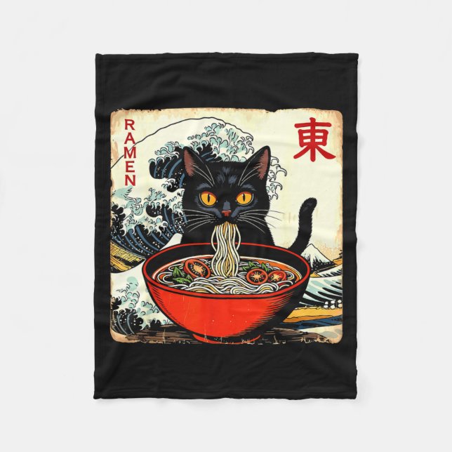 Anime Cat Ramen Japanese Funny Graphic Tees Kawaii Fleecefilt (Framsidan)