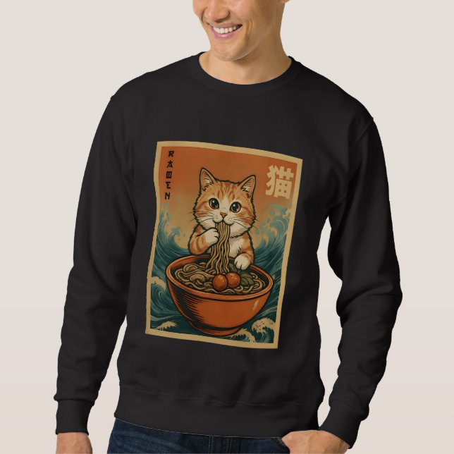 Anime Cat Ramen Japanese Funny Graphic Tees Kawaii Lång Ärmad Tröja (Framsida)
