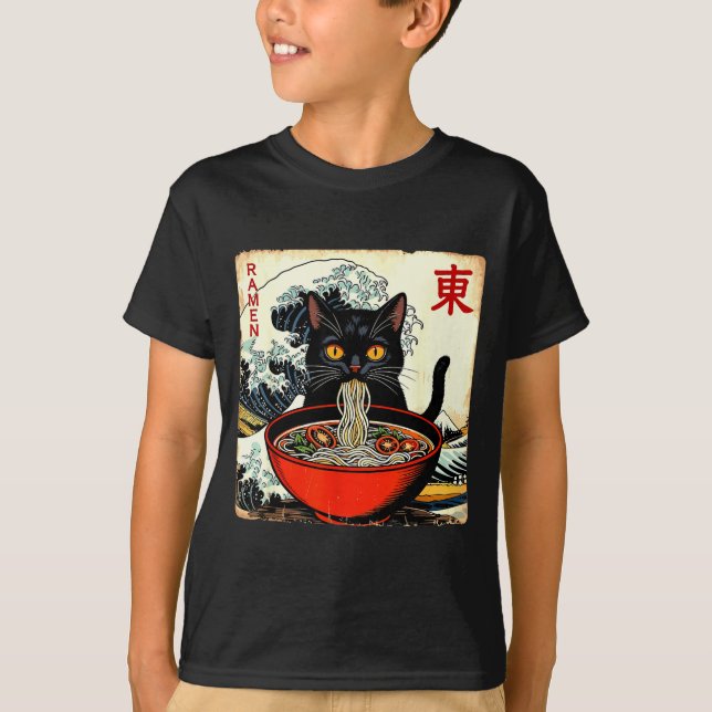 Anime Cat Ramen Japanese Funny Graphic Tees Kawaii T Shirt (Framsida)