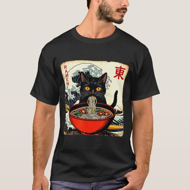 Anime Cat Ramen Japanese Funny Graphic Tees Kawaii T Shirt (Framsida)