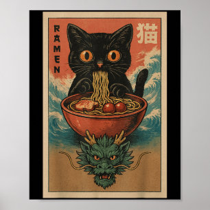 Anime Cat Ramen Japansk Funny Art Kawaii Cat och Poster