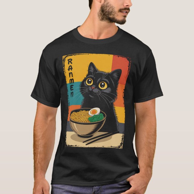Anime Cat Ramen Japanska T Shirt (Framsida)