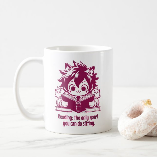 Anime Catboy läser ett bok och ett lustigt bokat c Kaffemugg (Med munk)