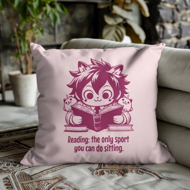 Anime Catboy läser ett bok och ett lustigt bokat c Kudde (Skapare uppladdad)