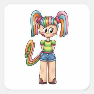 Anime Chibi Regnbåge Godis Flicka Färgrikt Hår Fyrkantigt Klistermärke