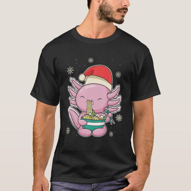 Anime Christmas Kawaii Santa Axolotl Eating Noodle T Shirt (Framsida)