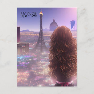 Anime City Girl Day Dreaming Overlook Skyline Vykort